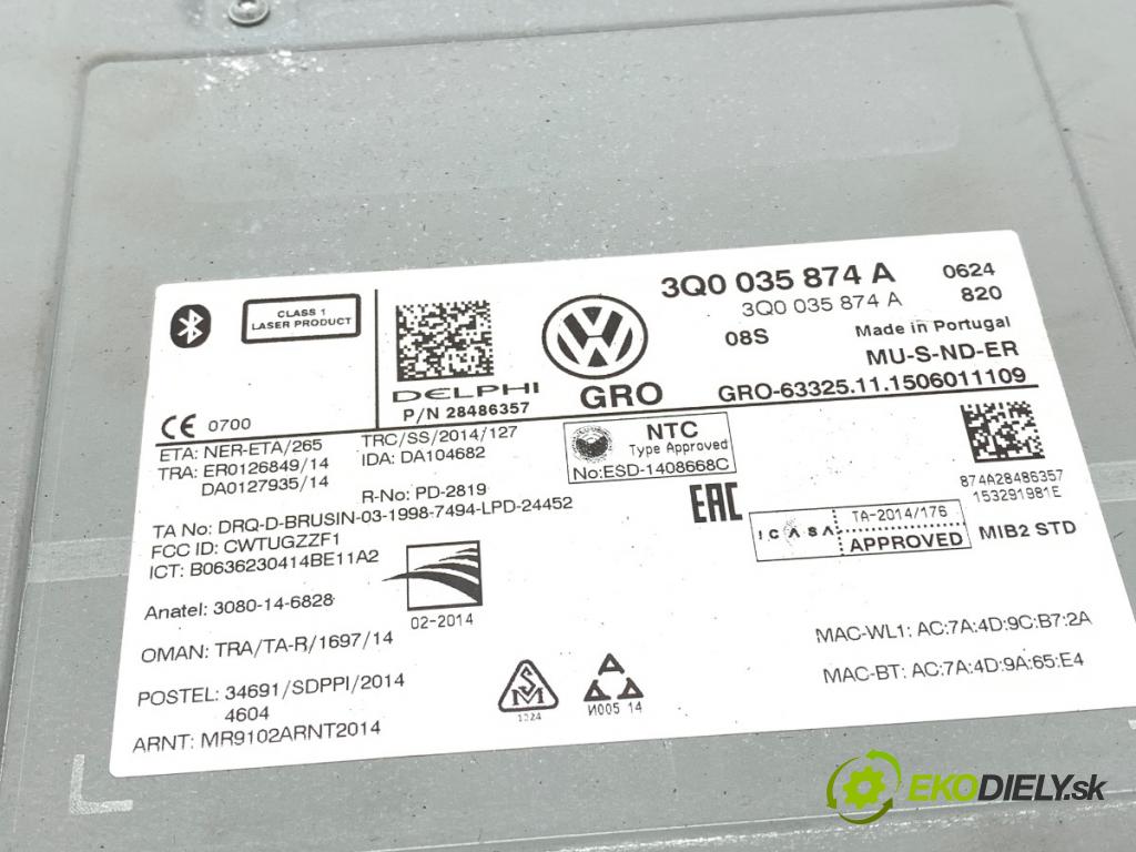 VW GOLF VII liftback 2015 135 kW 2.0 GTD 1968 čítač navigácie 3Q0035874A (Elektrosúčasti ostatné)