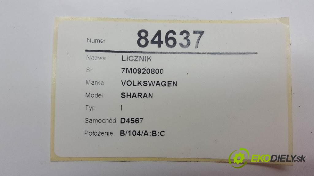VOLKSWAGEN SHARAN I 1999 66kw I 1896 Prístrojovka 7M0920800 (Prístrojové dosky, displeje)