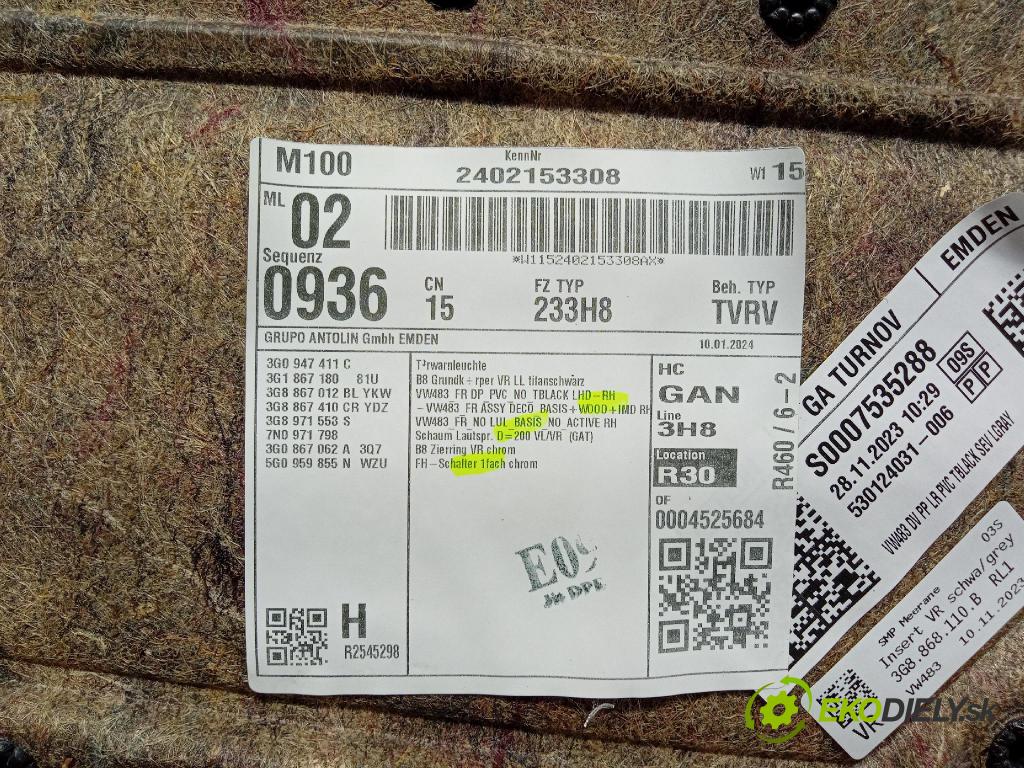 Vw Arteon 2024 Tapacír: dveře před Práva: 3G8868110B