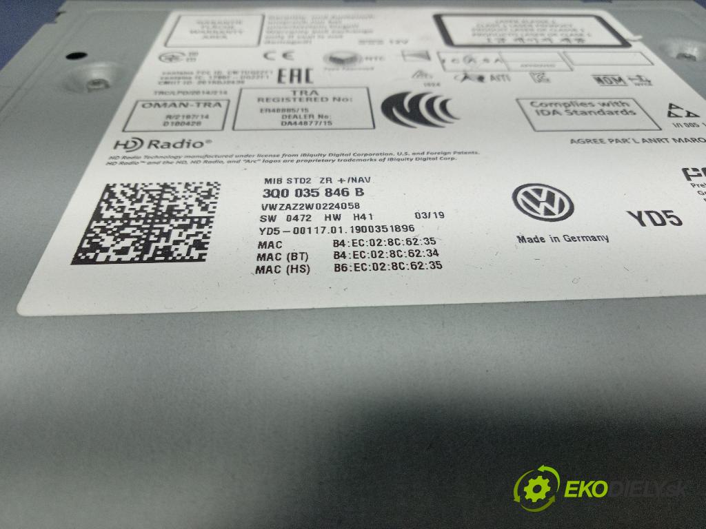 Vw Golf 2019 Radio I Navigácia: 3Q0035846B