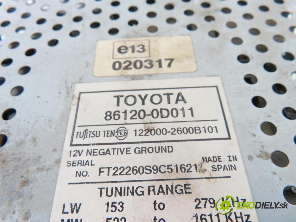 TOYOTA YARIS (_P1_) HB 1999 50,00 1.0 VVT- i 68 - 1SZ-FE 998,00 RADIO Modul 861200D011 ; 861100D011B1