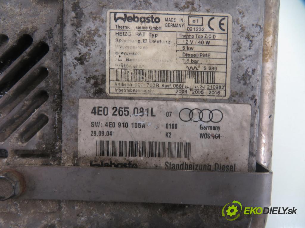 AUDI A8 D3 (4E2, 4E8) SEDAN 2004 171,00 3.0 TDI quattro - ASB 2967,00 Webasto 4E0265081L ; 4E0910105A ; 1301941A (Webasto (nezávislé topení))