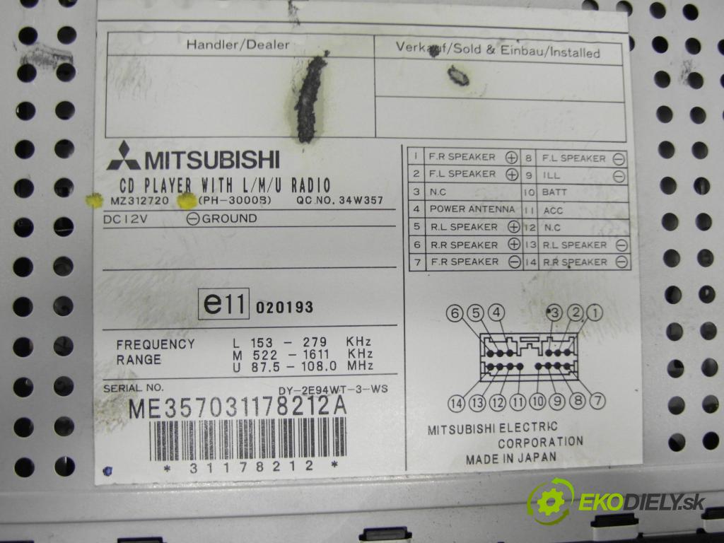 MITSUBISHI SPACE STAR nadwozie wielkoprzestrzenne (MPV) (DG_A) HB 2003 72,00 1.6 16V (DG3A) 98 - 4G18 1584,00 RADIO MZ312720