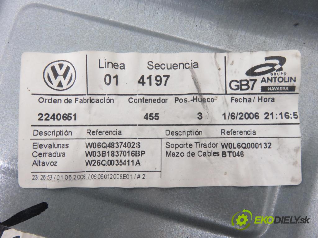 VW POLO (9N_) HB 2006 47,00 1.2 12V 64 - AZQ 1198,00 mechanismus oken PPE 6Q4837756 ; 6Q4837402S ; 6Q0035411A