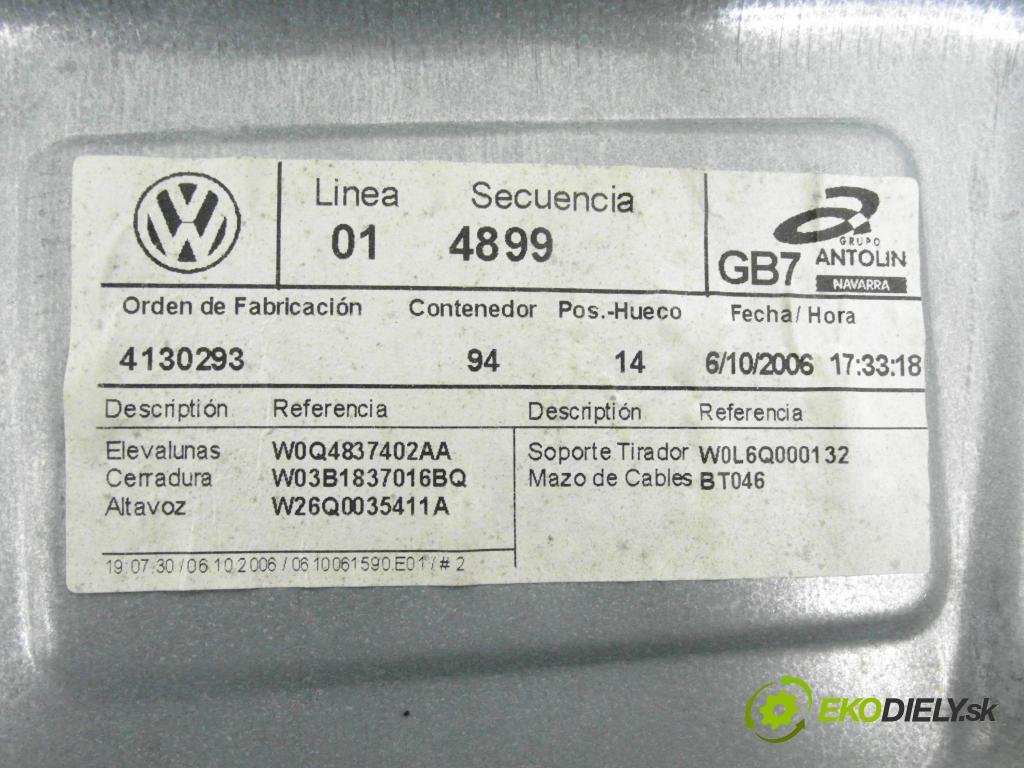 VW POLO (9N_) HB 2006 51,00 1.4 TDI - BNM 1422,00 Mechanizmus okien W0L6Q000132 ; 6Y2959801 ; 400886F