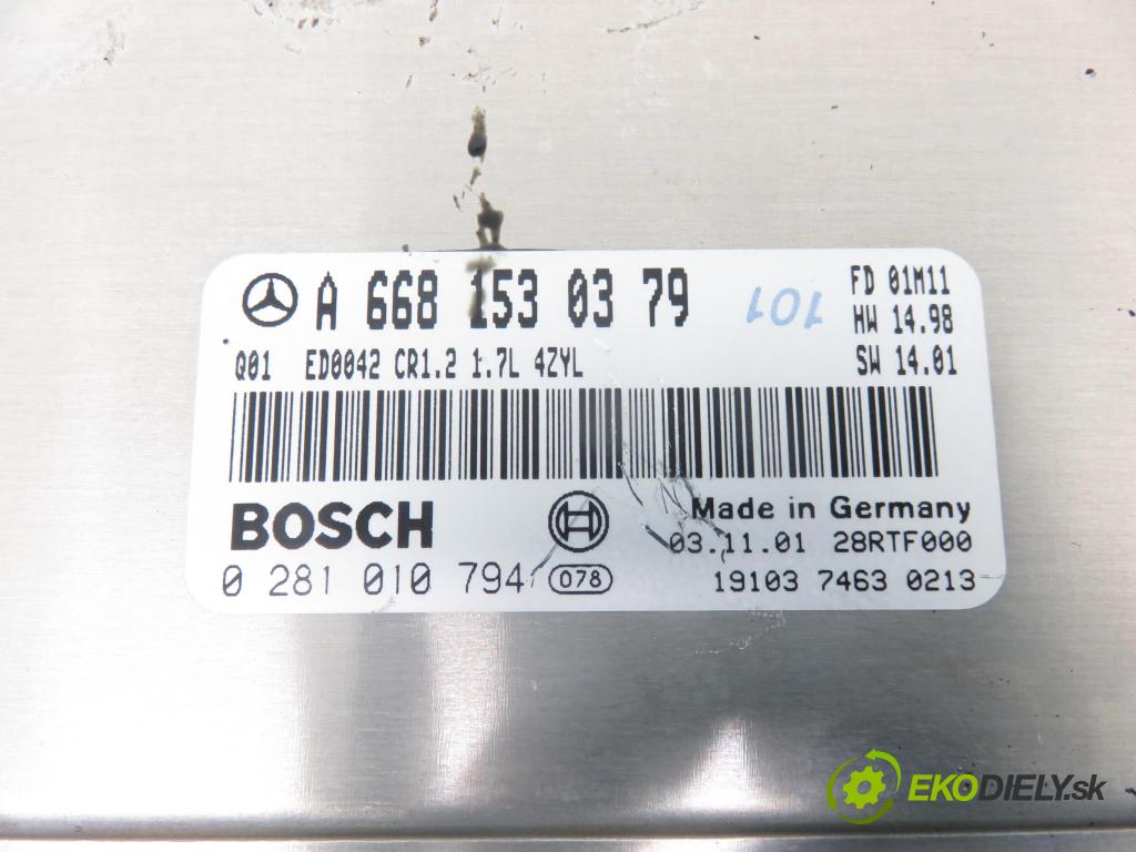 MERCEDES-BENZ KLASA A (W168) HB 2001 55,00 A 160 CDI 75 - OM 668.940 1689,00 Riadiaca jednotka Motor A6681530379 ; 0281010794