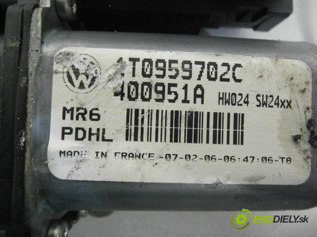 VW TOURAN (1T1, 1T2) MINIVAN 2006 103,00 2.0 TDI - BMM 1968,00 mechanismus oken PPE 1T1837730AH ; 1K0959792H ; 1T0959702C
