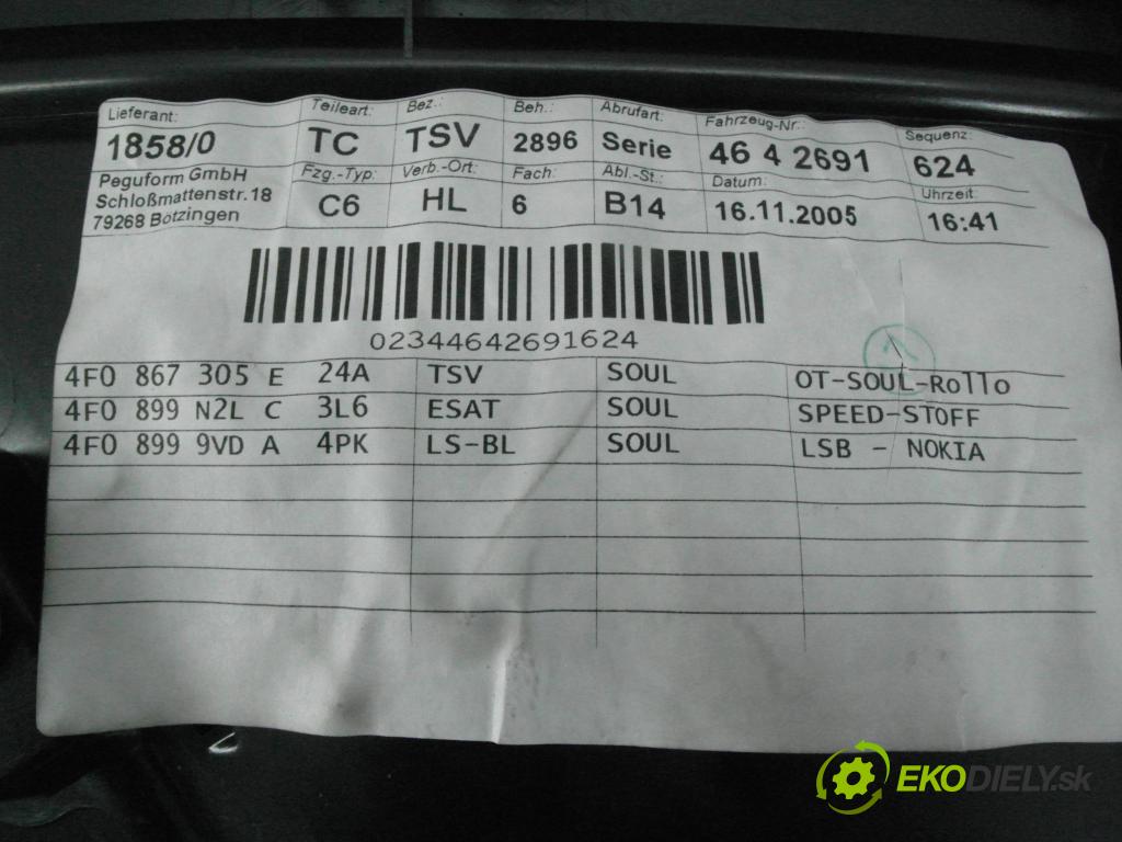 AUDI A6 (4F2, C6) SEDAN 2005 125,00 2.0 TFSI - BPJ 1984,00 čalúnenie Dvere LT 4F0867306 ; 4F0867305
