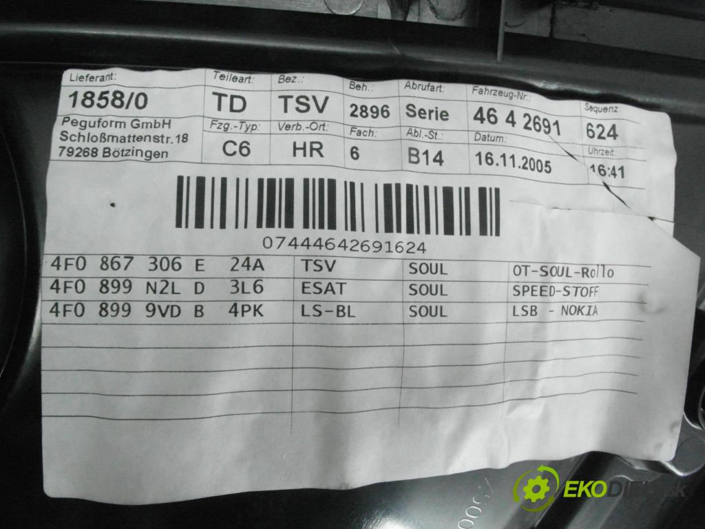 AUDI A6 (4F2, C6) SEDAN 2005 125,00 2.0 TFSI - BPJ 1984,00 čalúnenie Dvere LT 4F0867306 ; 4F0867305