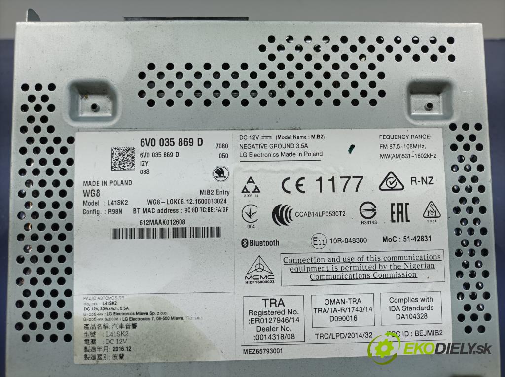 Skoda Fabia 2016 Radio I Navigácia: 6V0035869D