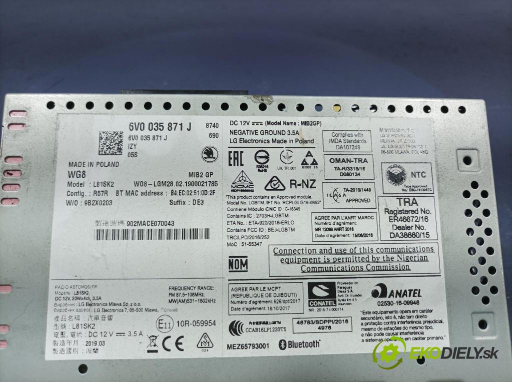 Skoda Fabia 2019 Radio I Navigácia: 6V0035871J