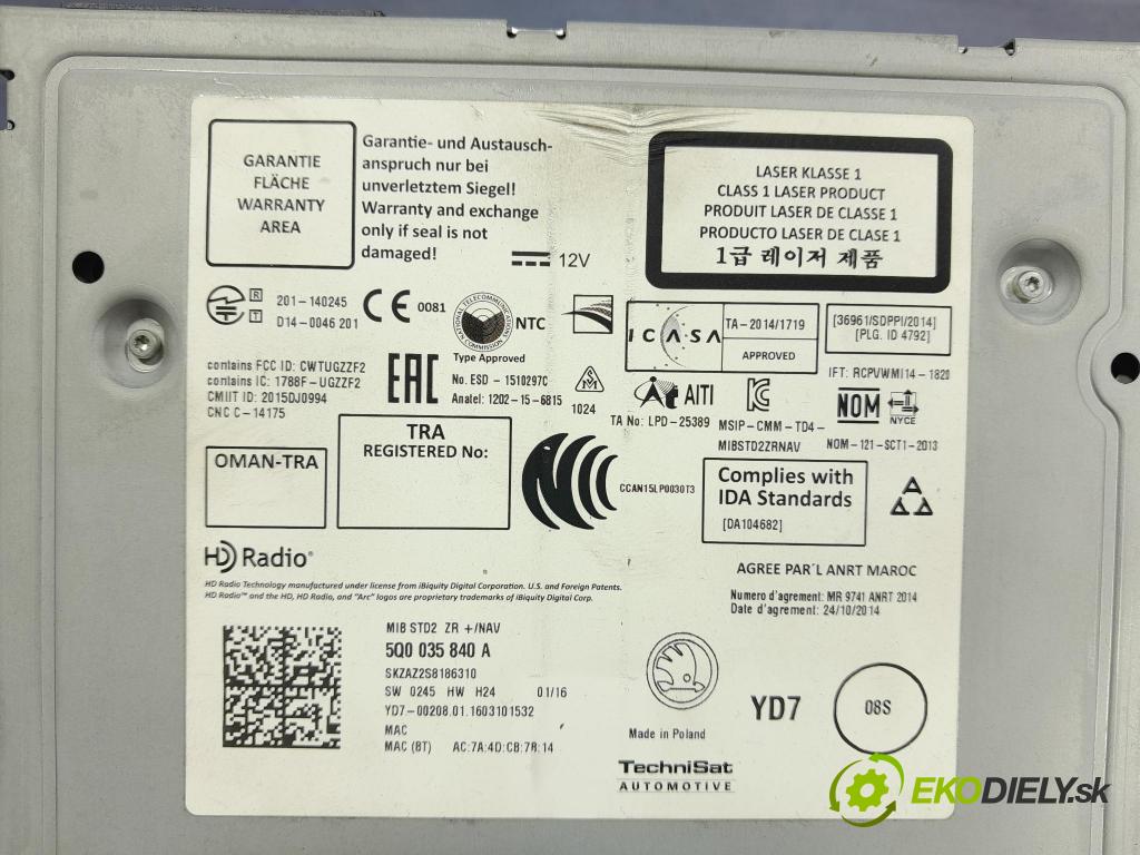 Skoda Octavia 2016 Radio I Navigácia: 5Q0035840A