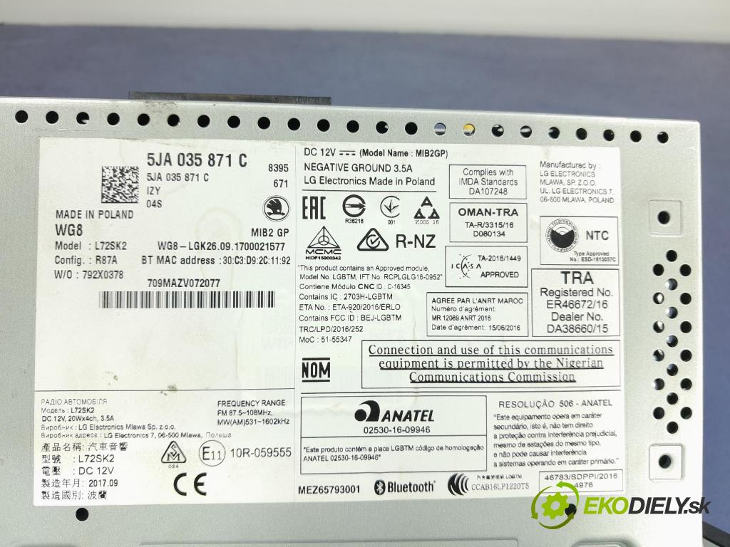 Skoda Rapid 2017 Radio I Navigace: 5JA035871C