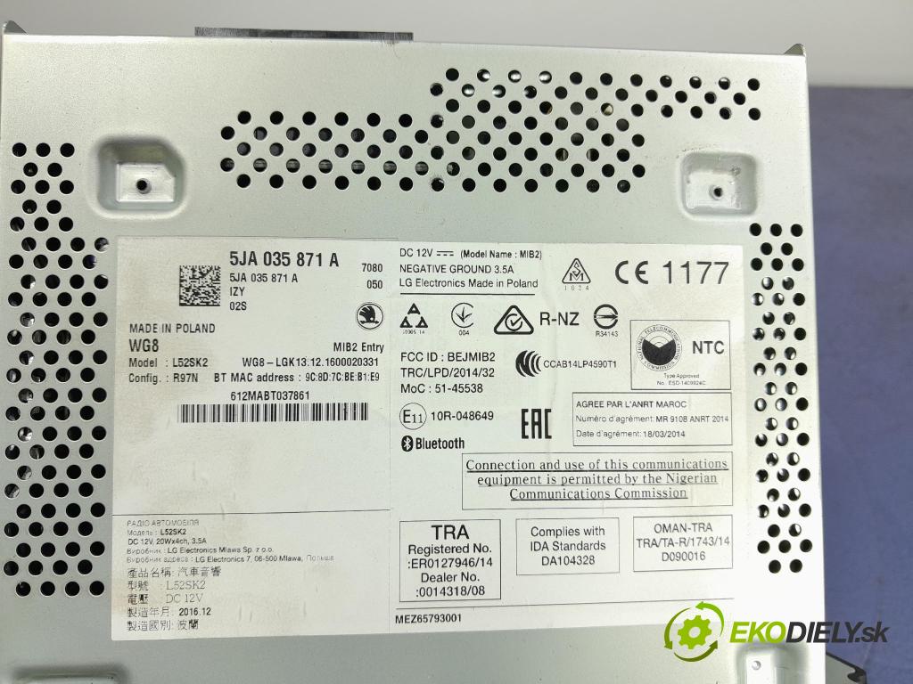 Skoda Rapid 2017 Radio I Navigace: 5JA035871A